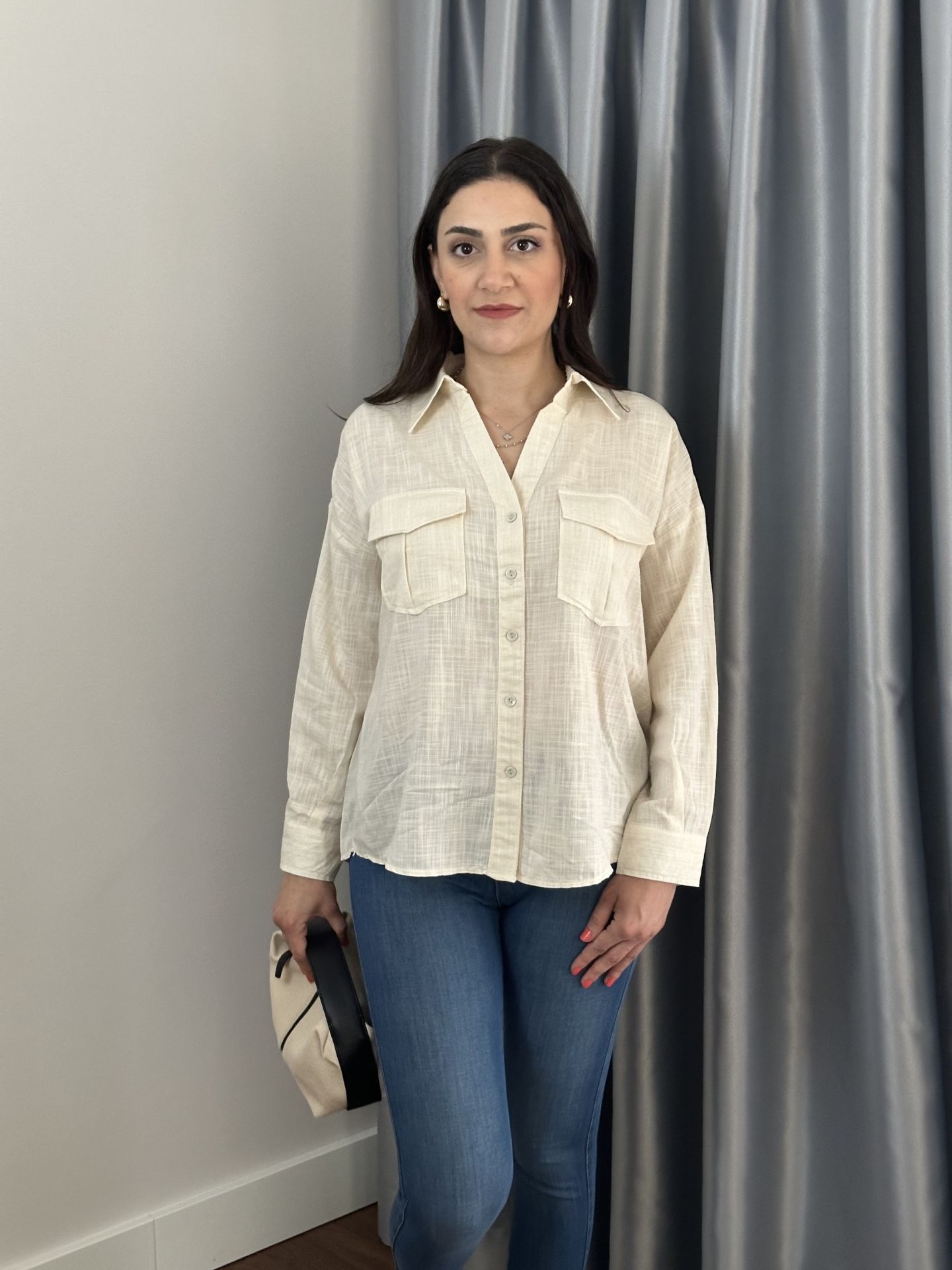 Ekru Çift Cepli Oversize Gömlek