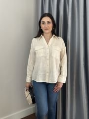 Ekru Çift Cepli Oversize Gömlek