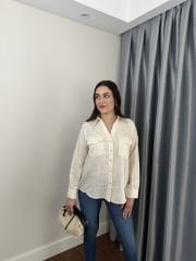 Ekru Çift Cepli Oversize Gömlek