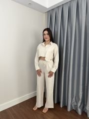 Krem Crop Gömlek Pantolon Keten Takım