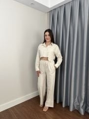 Krem Crop Gömlek Pantolon Keten Takım