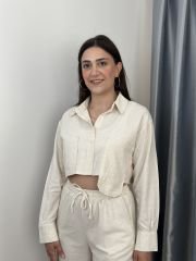 Krem Crop Gömlek Pantolon Keten Takım