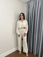 Krem Crop Gömlek Pantolon Keten Takım
