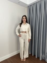 Krem Crop Gömlek Pantolon Keten Takım