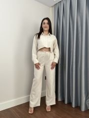 Krem Crop Gömlek Pantolon Keten Takım