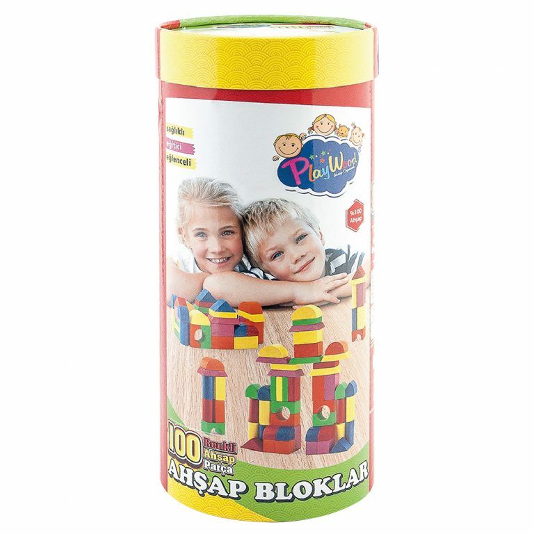 Play Wood Ahşap Silindir Kutuda 100 Parça Renkli Bloklar