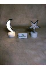 Hilal Ve Yıldız Mini Gece Lambası Masa Dekoratif Led Işık Gri Renk Mini Lamba