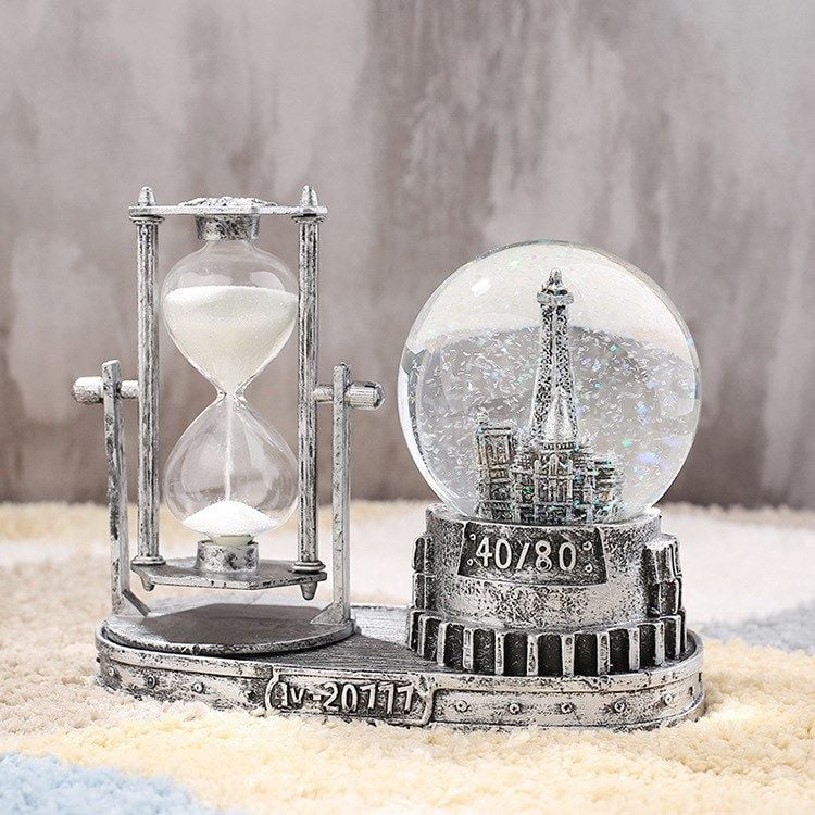 Işıklı Sulu Kar Küreli Paris Eyfel Kum Saati Hediyelik Eiffel Retro Cam Küre Kum Saati Biblo Gümüş