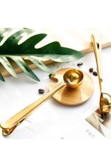 2 Adet Kahve Ölçü Kaşığı Ve Paket Klipsi Paslanmaz Çelik Çok Fonksiyonlu Kaşık 2 Adet Gold