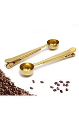 2 Adet Kahve Ölçü Kaşığı Ve Paket Klipsi Paslanmaz Çelik Çok Fonksiyonlu Kaşık 2 Adet Gold