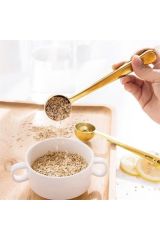 2 Adet Kahve Ölçü Kaşığı Ve Paket Klipsi Paslanmaz Çelik Çok Fonksiyonlu Kaşık 2 Adet Gold