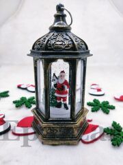 Yılbaşı Çam Ağacı & Noel Baba Tasarımlı Gold Sulu Simli Fener Tipi Işıklı Küre