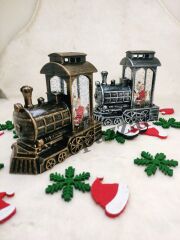 2 Adet Yılbaşı Noel Baba Tasarımlı Gümüş & Gold Sulu Simli Tren Model Işıklı Küre