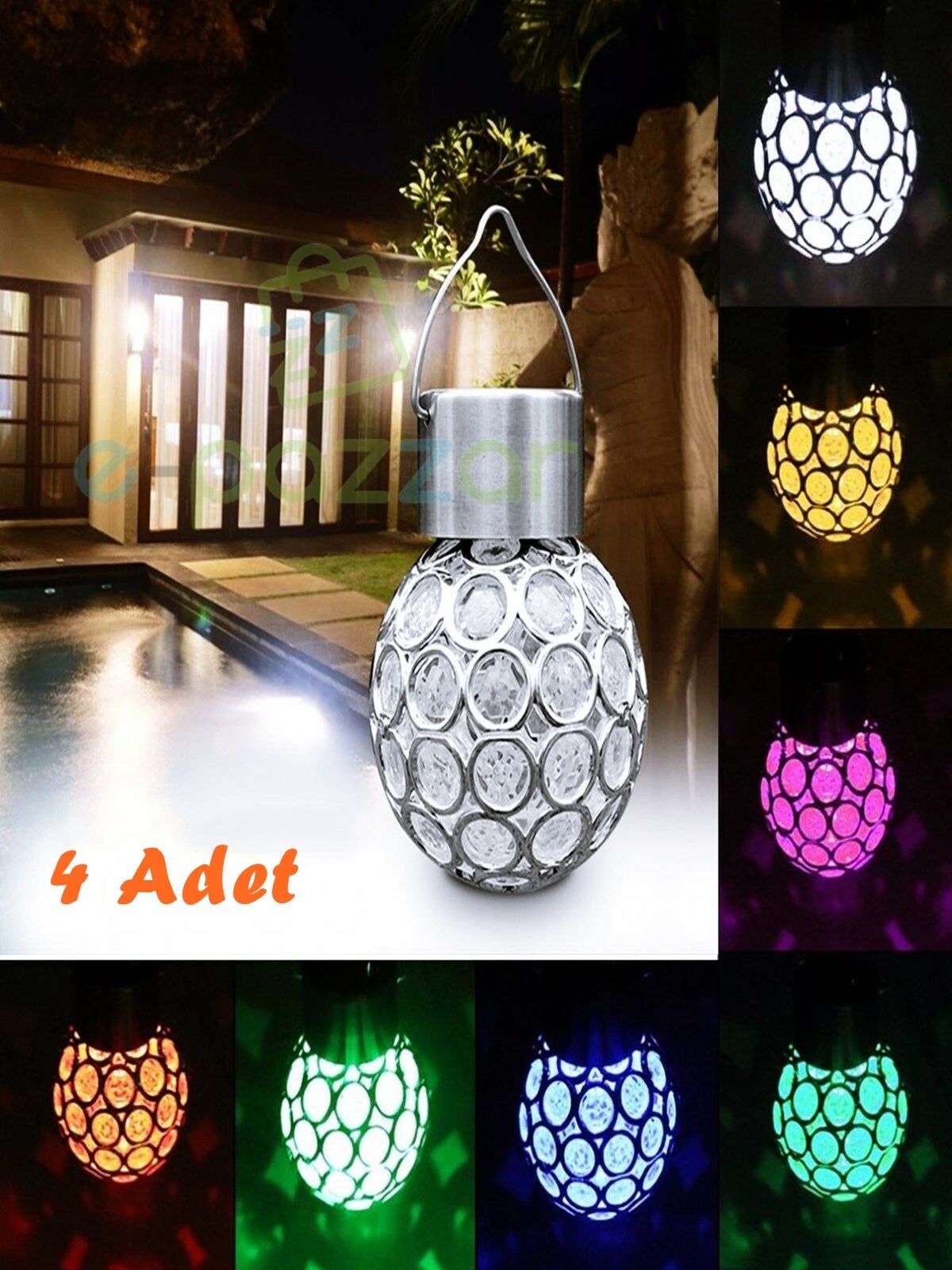 4lü MultiColor Geçiş Fonksiyonlu Çerçeve Korumalı Bahçe Veranda Teras Sarkıt Solar Panelli Led Işık