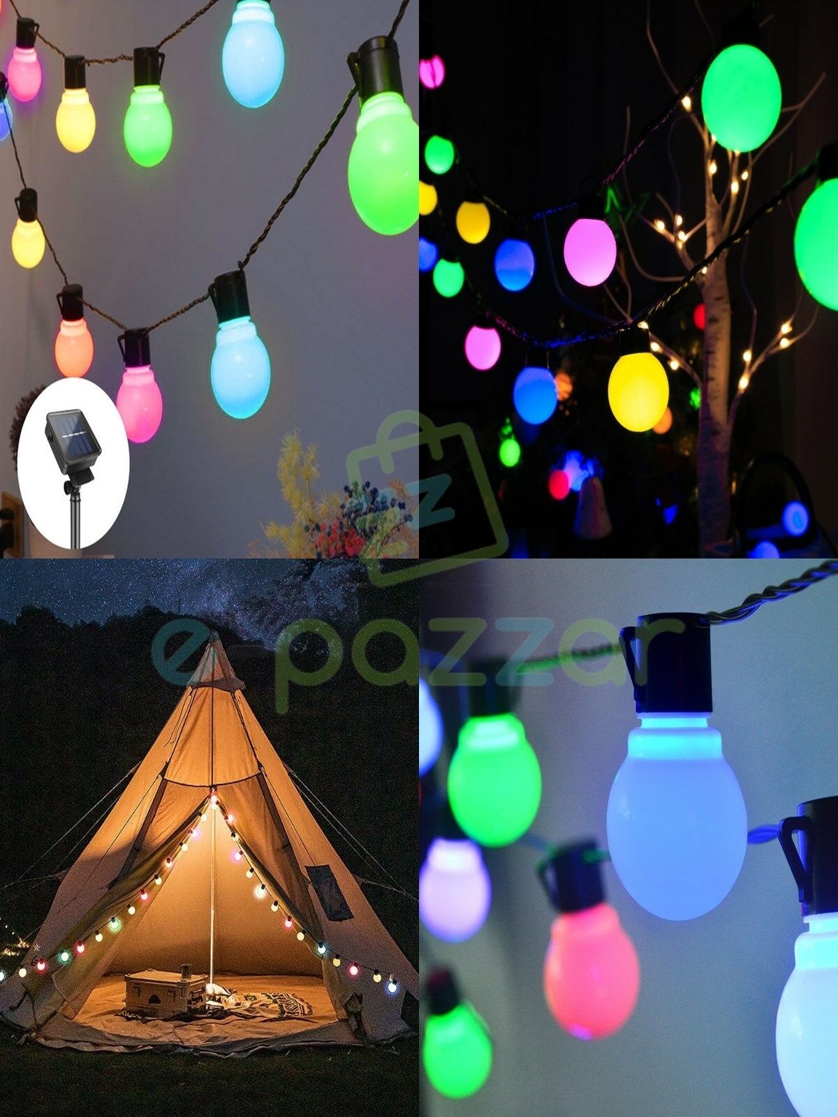 10'lu Büyük Top Ampul 8 Fonksiyonlu Festival Kamp Bahçe Solar Panelli Led Işık Dizeleri MultiColor