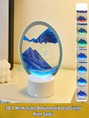 Mavi 3d Cam 7 Renk Işıklı Multicolor Çöl Tasarımlı Sulu Kum Saati Dokunmatik Panelli Usb Girişli