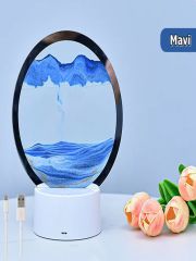 Mavi 3d Cam 7 Renk Işıklı Multicolor Çöl Tasarımlı Sulu Kum Saati Dokunmatik Panelli Usb Girişli