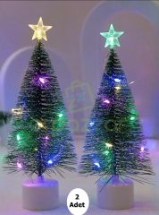 2 Adet 17 Cm Pilli Rgb Işıklı Masaüstü Konsept Christmas Noel Yılbaşı İğneli Karlı Çam Ağacı