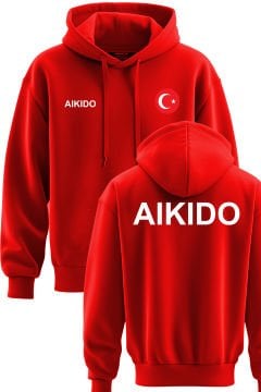 TOP GLORY Aikido Baskılı Kırmızı 3 İplik Kapüşonlu Sweatshirt