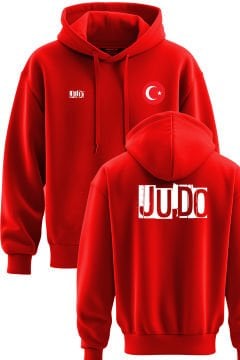 TOP GLORY Judo Baskılı Kırmızı 3 İplik Kapüşonlu Sweatshirt