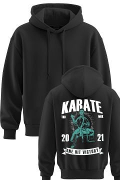 TOP GLORY Karate Baskılı Siyah 3 İplik Kapüşonlu Sweatshirt Sw1006