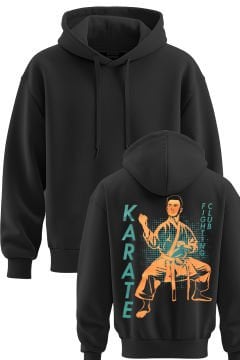 TOP GLORY Karate Baskılı Siyah 3 İplik Kapüşonlu Sweatshirt Sw1005