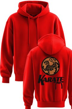 TOP GLORY Karate Baskılı Kırmızı 3 İplik Kapüşonlu Sweatshirt Sw1011