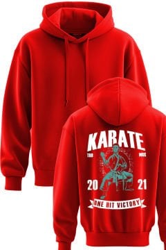 TOP GLORY Karate Baskılı Kırmızı 3 İplik Kapüşonlu Sweatshirt Sw1016