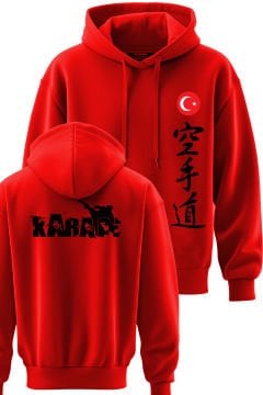 TOP GLORY Karate Baskılı Kırmızı 3 İplik Kapüşonlu Sweatshirt Sw1033
