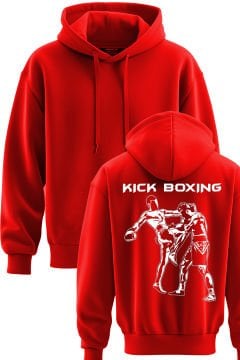 TOP GLORY Kick Boks Baskılı Kırmızı 3 İplik Kapüşonlu Sweatshirt Sw1012