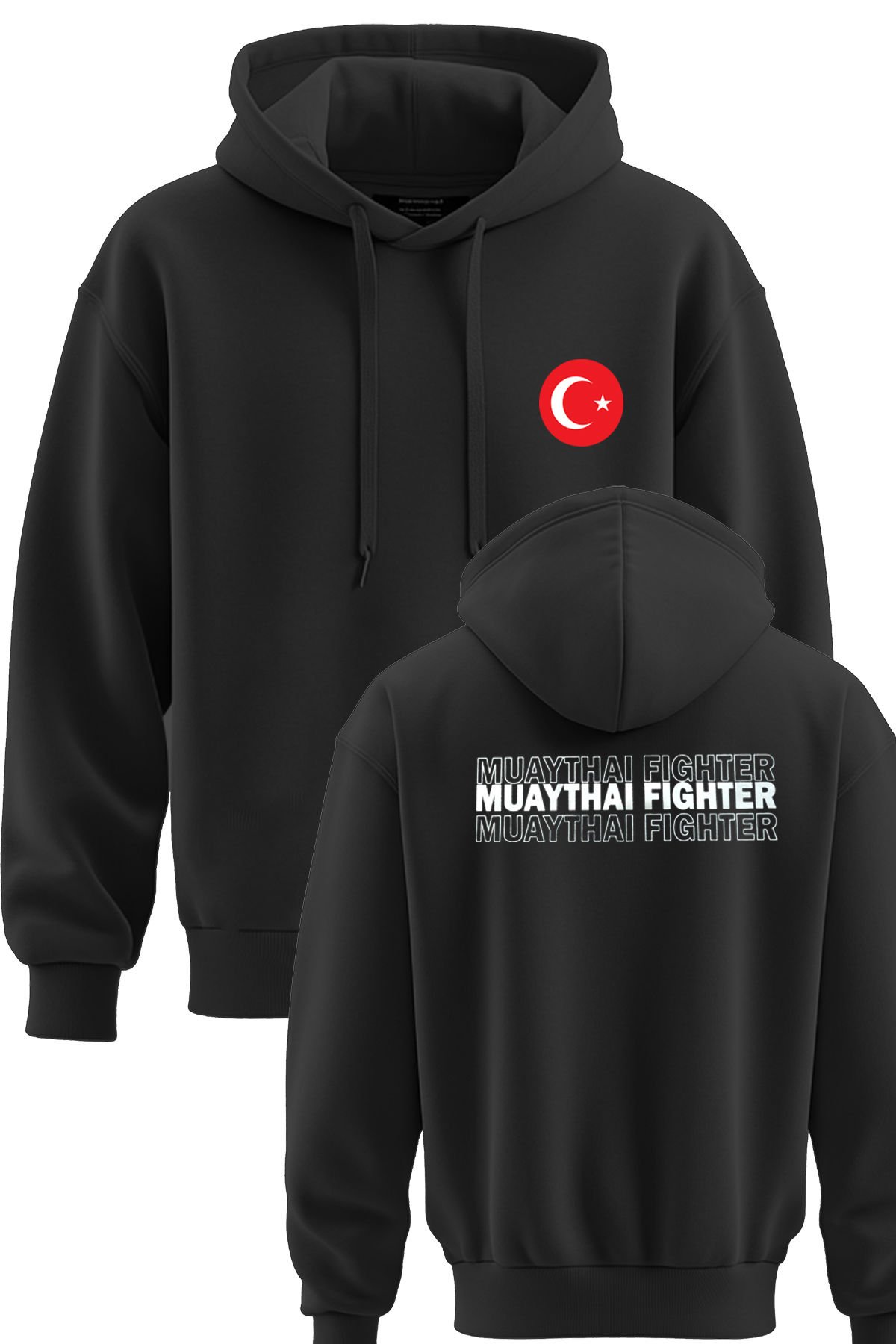TOP GLORY Muay Thai Baskılı Siyah 3 İplik Kapüşonlu Sweatshirt Sw1036
