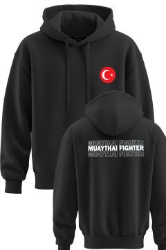 TOP GLORY Muay Thai Baskılı Siyah 3 İplik Kapüşonlu Sweatshirt Sw1036