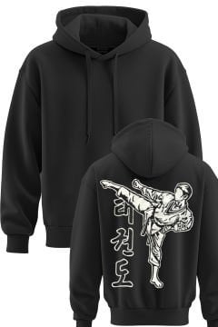 TOP GLORY Taekwondo Baskılı Siyah 3 İplik Kapüşonlu Sweatshirt Sw1002