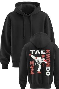 TOP GLORY Taekwondo Baskılı Siyah 3 İplik Kapüşonlu Sweatshirt Sw1003