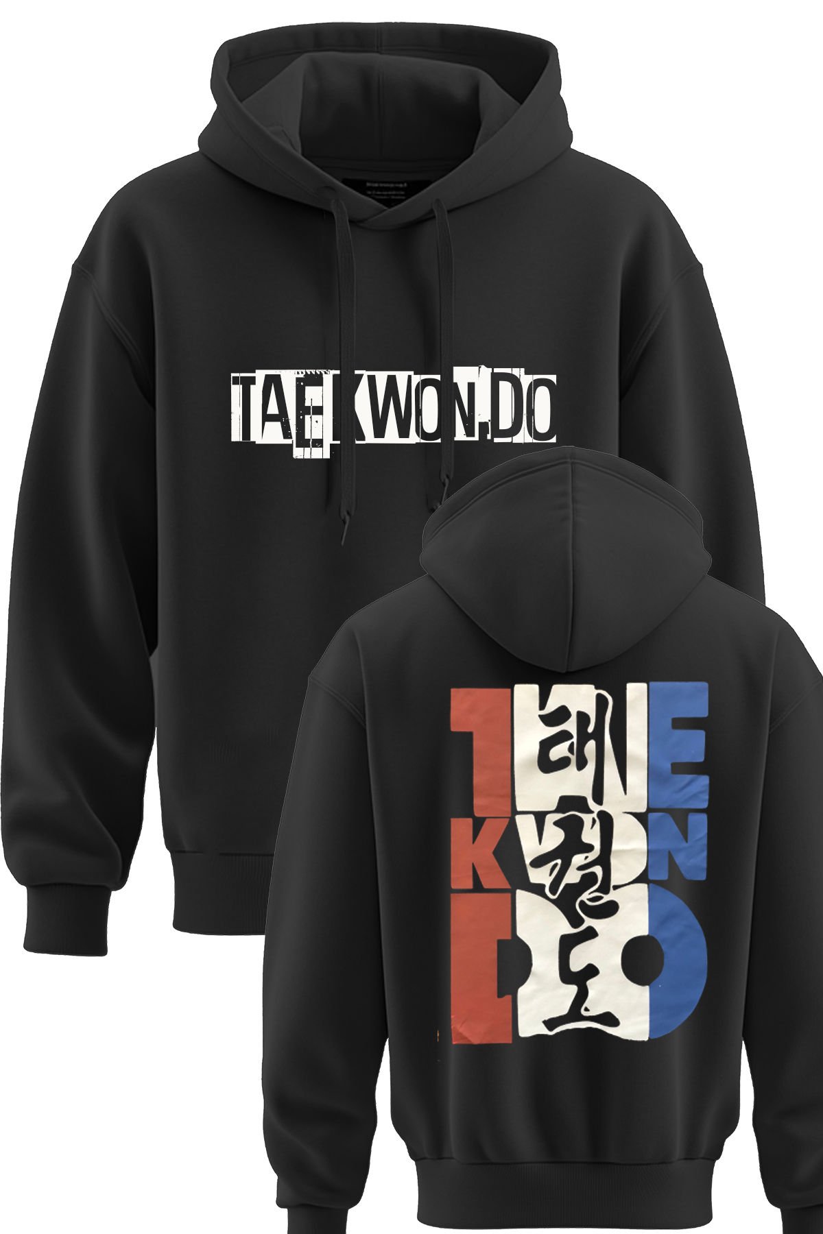 TOP GLORY Taekwondo Baskılı Siyah 3 İplik Kapüşonlu Sweatshirt Sw1051