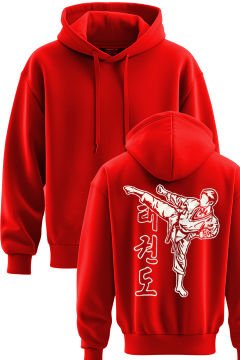 TOP GLORY Taekwondo Baskılı Kırmızı 3 İplik Kapüşonlu Sweatshirt Sw1013