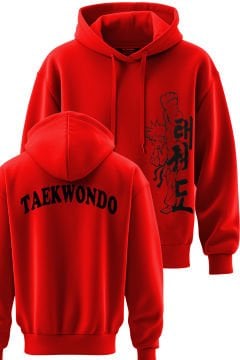 TOP GLORY Taekwondo Baskılı Kırmızı 3 İplik Kapüşonlu Sweatshirt Sw1018