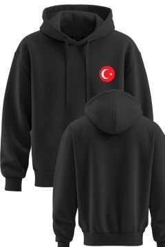 TOP GLORY Ay Yıldız Baskılı Siyah 3 İplik Kapüşonlu Sweatshirt