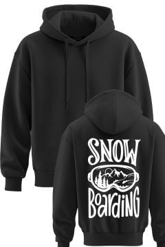 TOP GLORY Snow Board Baskılı Siyah 3 İplik Kapüşonlu Sweatshirt Sr001
