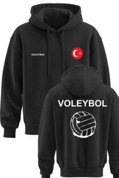 TOP GLORY Voleybol Baskılı Siyah 3 İplik Kapüşonlu Sweatshirt Sr021