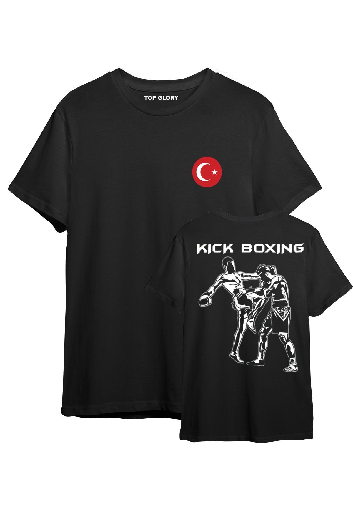 TOP GLORY Kick Boks Baskılı Siyah T-shirt Kick Boks Tişörtü TR1009