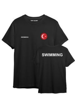 TOP GLORY Swimming Baskılı Siyah T-shirt Yüzme Tişörtü TR1033