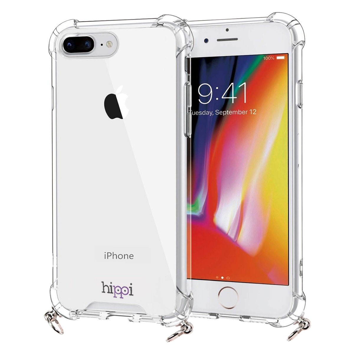 Hippi iPhone 8 Plus Uyumlu Darbe Emici Dayanıklı Sert Şeffaf Silikonlu Askılı Telefon Kılıfı