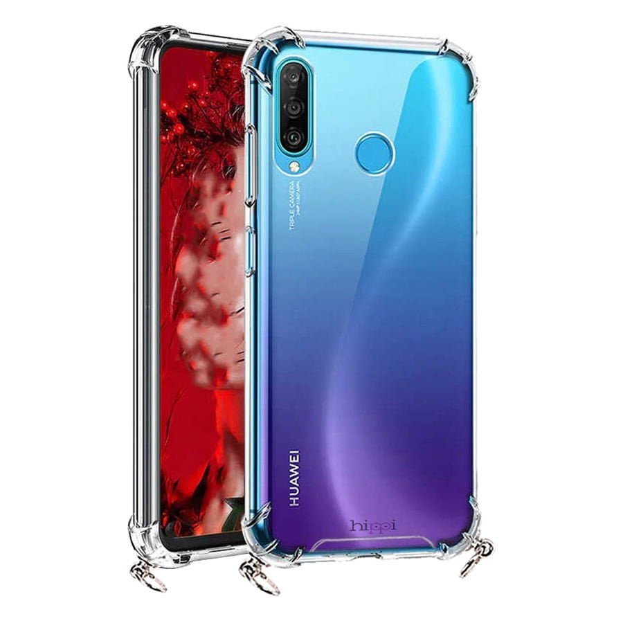 Hippi Huawei P30 Lite Uyumlu Darbe Emici Sert Şeffaf Askılı Telefon Kılıfı