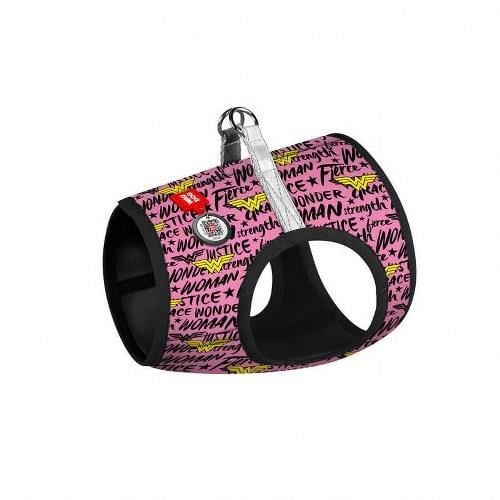 Waudog Collar QR Pasaportlu Yumuşak Doku Köpek Göğüs Tasması Wonder Woman Pembe Desenli XS3, B 32-35 cm, C 22-24 cm