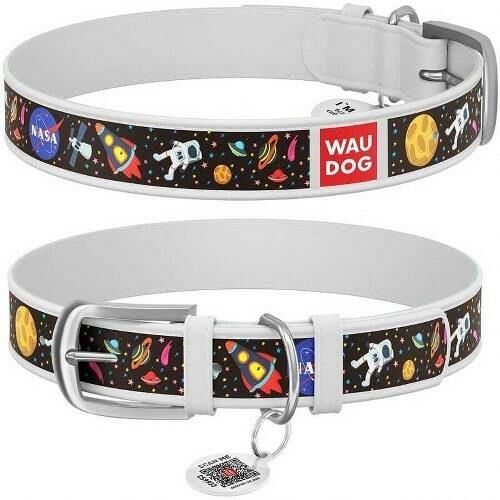 Waudog Collar QR Pasaportlu Köpek Boyun Tasması, Beyaz, 21-29 CM, Nasa Desenli