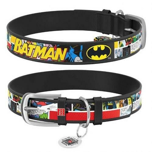 Waudog Collar QR Pasaportlu Deri Köpek Boyun Tasması, Siyah , Batman1 Desenli, W 15 mm, L 26-35 cm