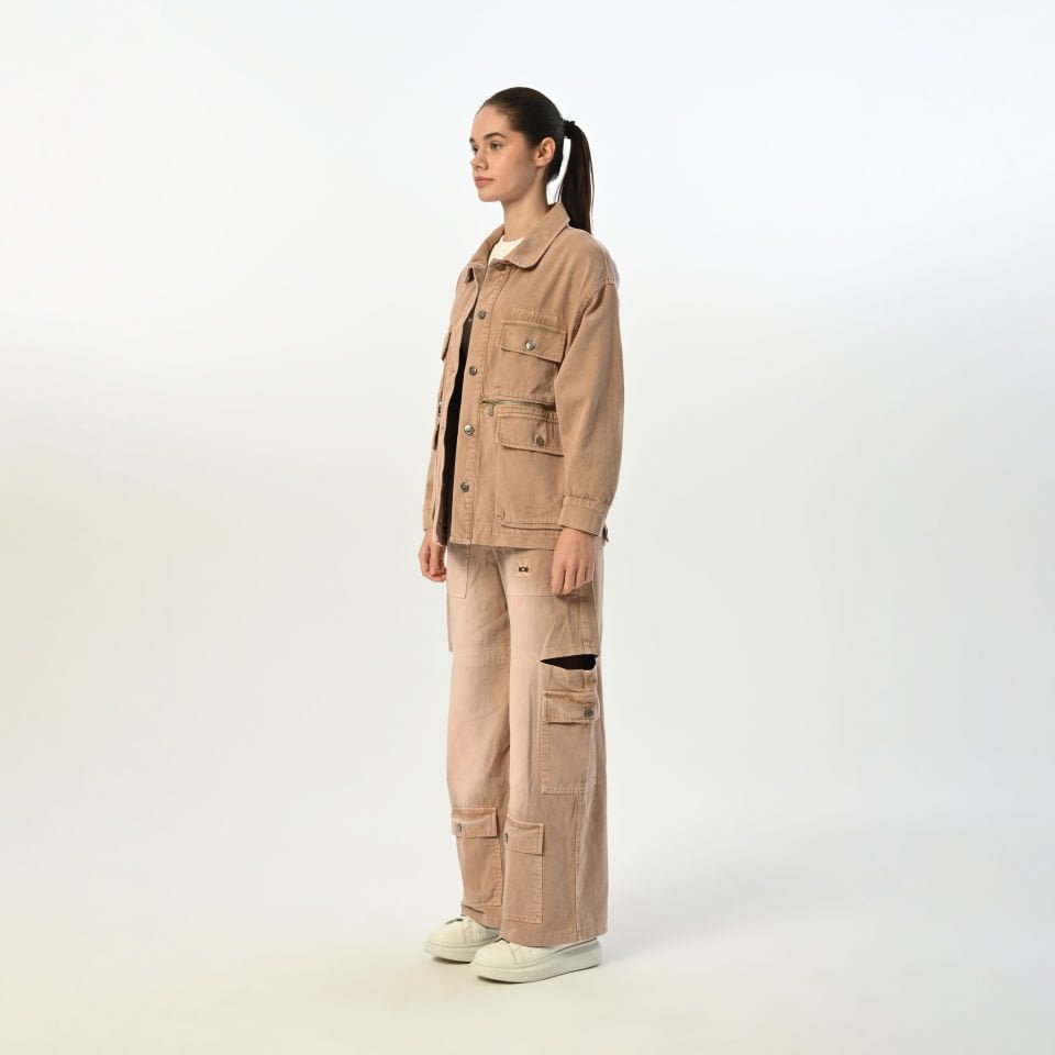 Kız Çocuk Beige Oversize Ceket Cargo Pantolon Takımı