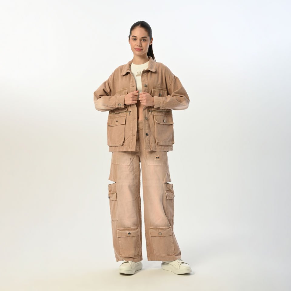 Kız Çocuk Beige Oversize Ceket Cargo Pantolon Takımı
