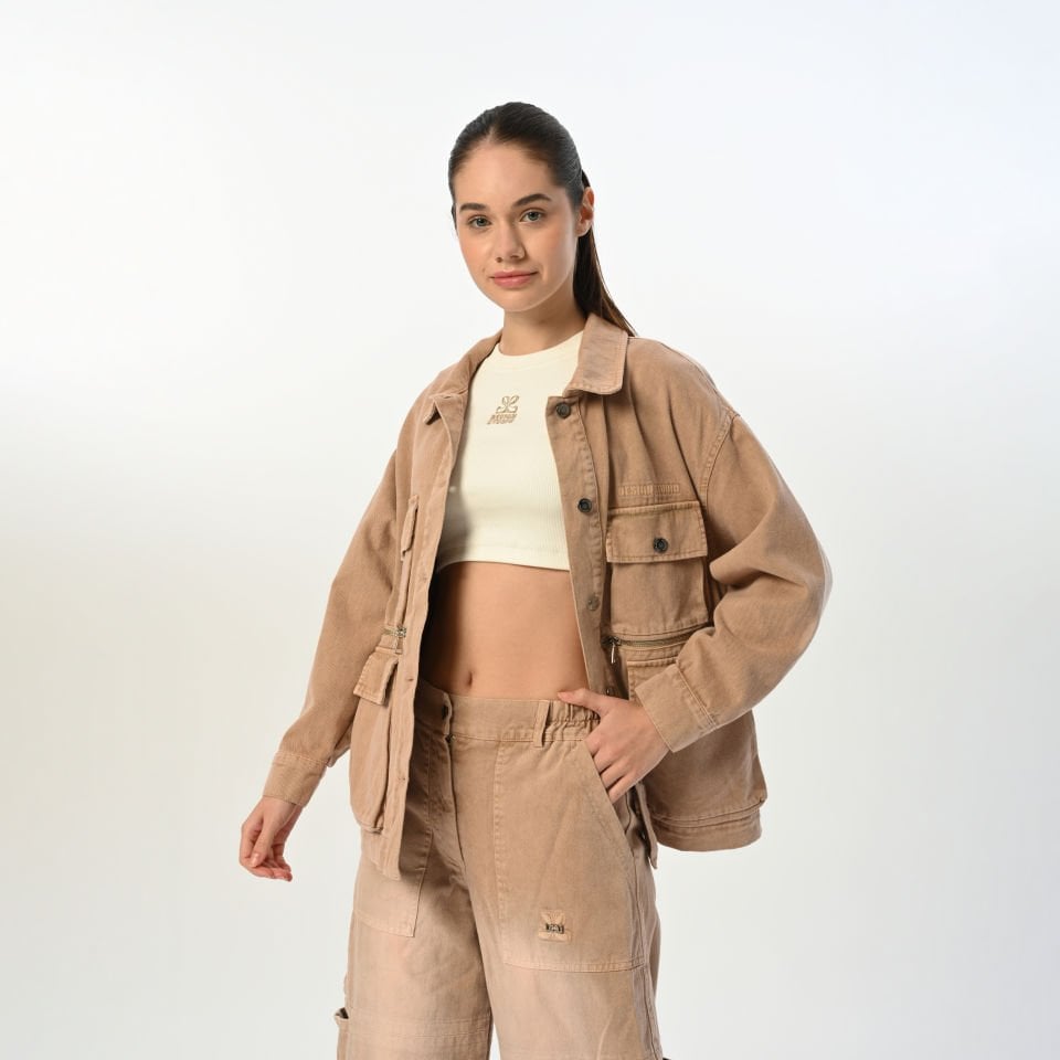 Kız Çocuk Beige Oversize Ceket Cargo Pantolon Takımı